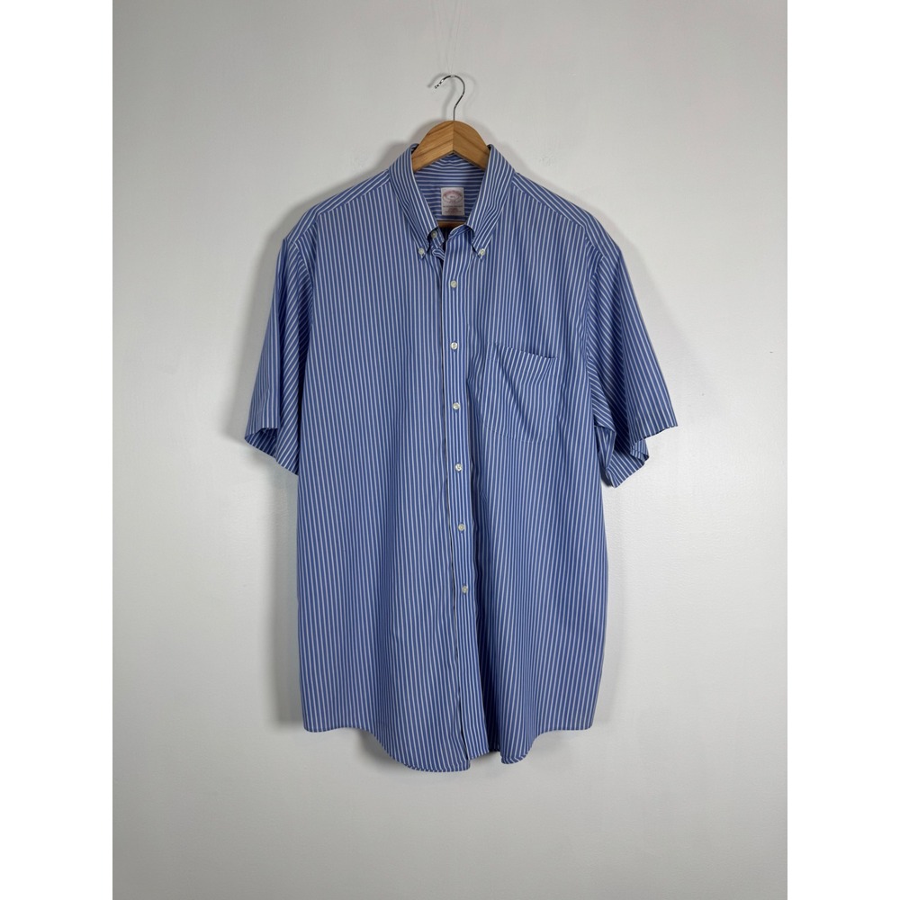 Classic Preppy Brooks Brothers Mens 16.5 Short Sleeve Shirt Blue White Striped